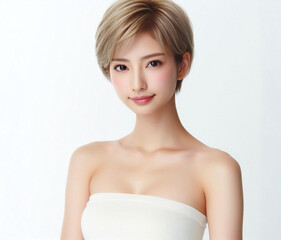 白いチューブトップの美女