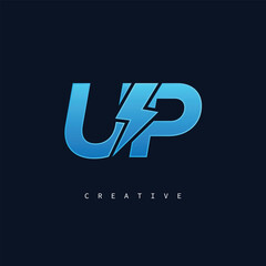UP Thunderbolt Monogram – Futuristic Electric Logo with Bold Blue Energy Strike