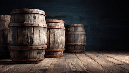 Aged wooden barrels, rustic setting, dark background, wood planks