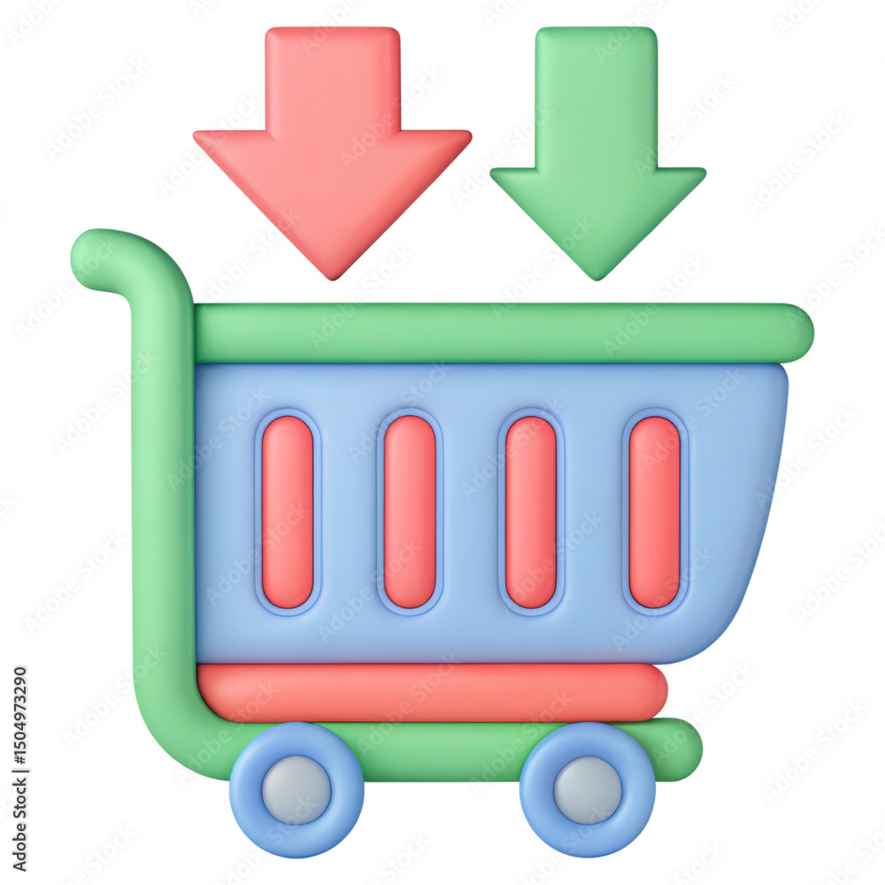 Poster colorful 3d shopping cart icon with two arrows pointing down inside the cart.