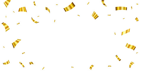 Falling shiny golden confetti on transparent background for celebration or party invitation design. Celebration border with gold confetti, carnival ribbons, confetti, vector