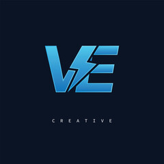 VE Thunderbolt Monogram – Futuristic Electric Logo with Bold Blue Energy Strike