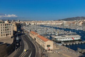 Boats in the harhor in Marsseille Aerial view of the Old Port France