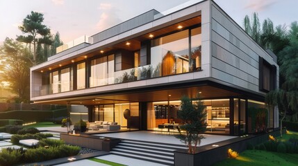 Fototapeta premium A stunning modern house at sunset showcases sleek design and luxurious architectural details.