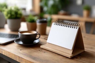 Blank desktop calendar mockup for planning and scheduling on a wooden desk