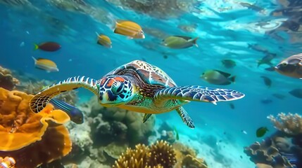 Obraz premium A sea turtle swims effortlessly through a clear, blue ocean surrounded by vibrant coral and fish.