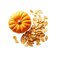 Small Orange Pumpkin with Roasted Pumpkin Seeds Overhead Shot