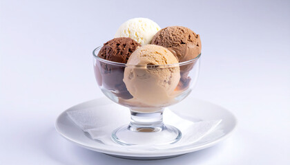 Triple scoop dessert in clear glass dish on white plate variant