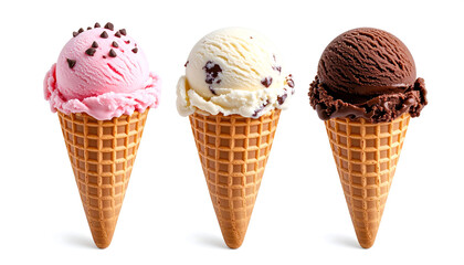 Three cone servings showcasing classic chocolate vanilla and berry variant