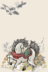 年賀状2026　年賀2026　午　午年　馬　うま　墨絵　水墨画　水彩　日本画　テンプレート　デザイン