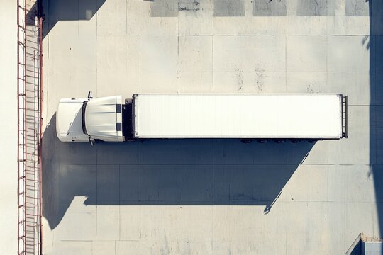 Aerial view of a white delivery truck parked on concrete surface