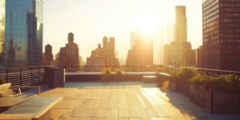 A rooftop terrace bathed in warm sunlight, overlooking an urban skyline