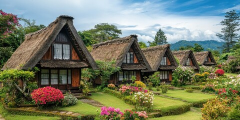 A row of charming thatched-roof cottages surrounded by blooming flower gardens
