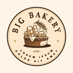 Hand drawn illustration of various type of bread in the basket and one stalk of wheat above. Vintage round label or badge logo style