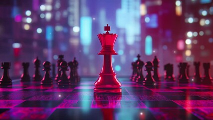 Futuristic Surreal Red King Piece in Chess Game with Black Pieces on Digital Board. Strategy and business concept - Powered by Adobe