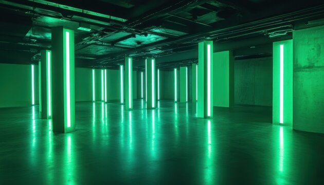 A dimly lit, futuristic room illuminated by vibrant green neon lights, creating an immersive setting ideal for events, photography, or product showcases.