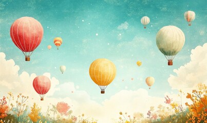Obraz premium whimsical illustration of a hot air balloon festival, with colorful balloons dotting a clear sky, Generative AI