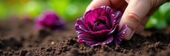 Close-up of purple lettuce being picked from garden soil, planting, vegetable, texture