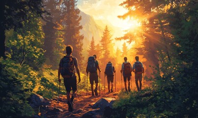 Fototapeta premium Illustration of a group of friends hiking through a forest trail with the sunlight breaking through the trees, Generative AI