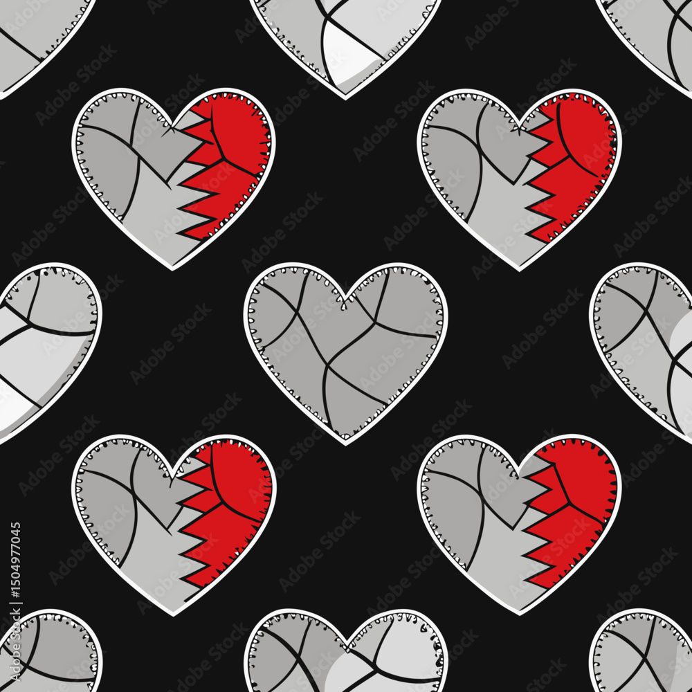 Poster abstract seamless vector pattern of stitched broken hearts in red and gray