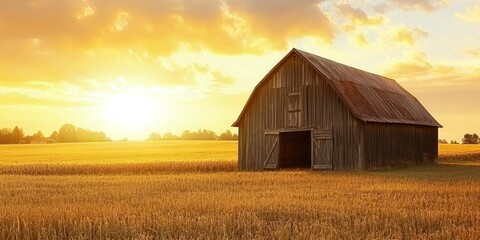 Fototapeta premium A rustic wooden barn under a golden sky, surrounded by open farmland