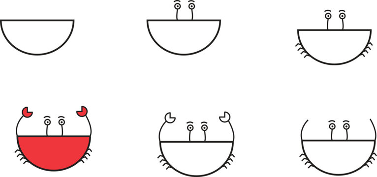 Step by step guide to draw a cute red crab in a simple cartoon style, perfect for kids’ educational art activities and worksheets


