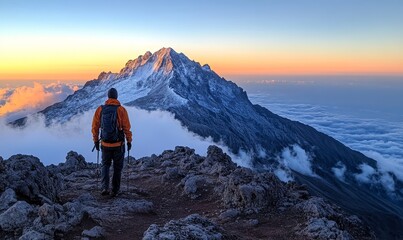 Fototapeta premium serene mountaintop at sunrise with snow-dusted peaks, a lone hiker, and clouds rolling below the summit, Generative AI
