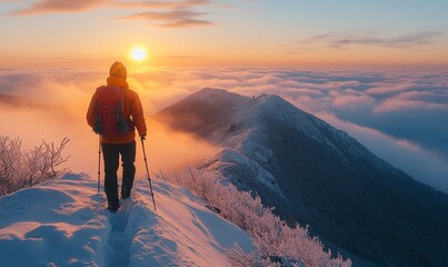 serene mountaintop at sunrise with snow-dusted peaks, a lone hiker, and clouds rolling below the summit, Generative AI