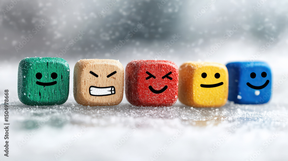 Fototapete colorful wooden blocks with various facial expressions are arranged in row, each displaying differen