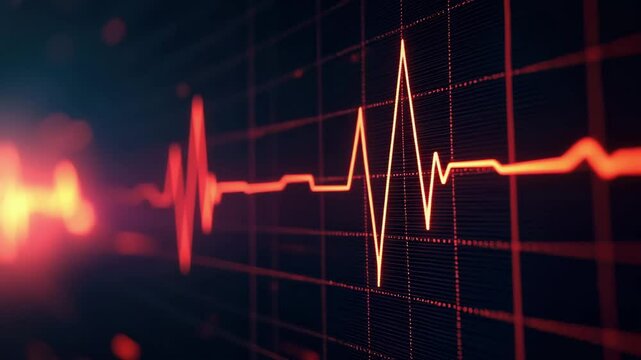 Business growth hacking concept. A glowing red heartbeat line pulses across a dark digital screen, resembling an electrocardiogram display.