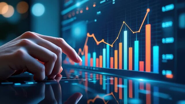 Business growth hacking concept. A hand interacts with a digital screen displaying colorful bar and line charts, indicating financial or data analysis. - Powered by Adobe