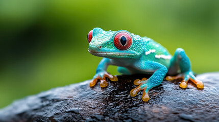 Vibrant blue frog with striking red eyes sits on wet log, surrounded by lush green foliage, showcasing beauty of biodiversity and conservation biology