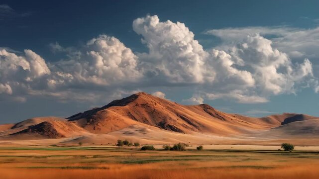 Expansive grassy plain with a terracotta mountain range backdrop under a cloudy blue sky