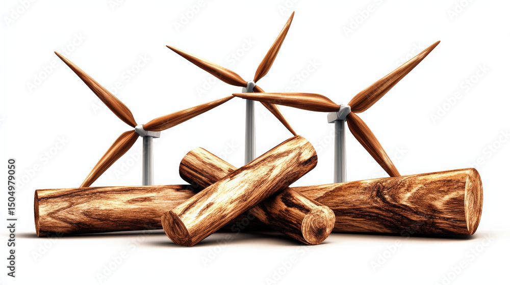 Aufkleber Wooden logs and wind turbines symbolize blend of traditional and renewable energy sources, highlighting sustainable practices. image conveys harmonious balance between nature and technology