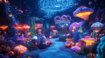 whimsical underwater carnival where colorful sea creatures enjoy glowing rides and musical coral bands, Generative AI
