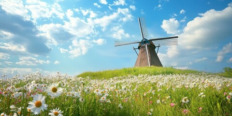 A scenic countryside windmill surrounded by wildflowers and gently swaying grass