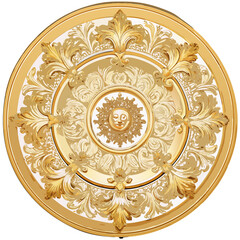 Gold Baroque Ceiling Medallion with Sun Face on Black Background