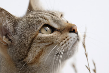 curious cat sitting quietly intently watching small birds perched nearby on pristine white background
