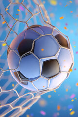 A soccer ball hits the net with colorful confetti in the background, capturing the excitement of scoring a goal.