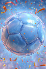 Naklejka premium A translucent soccer ball floats in the air surrounded by colorful confetti and ribbons against a blue background.