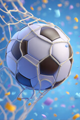 A soccer ball hits the net with colorful confetti in the background, celebrating a goal against a blue backdrop.
