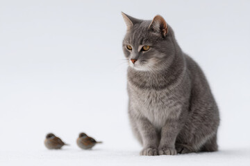 Fototapeta premium curious cat sitting quietly intently watching small birds perched nearby on pristine white background