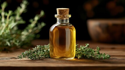Small glass bottle of golden oil surrounded by fresh thyme sprigs on a rustic wooden table