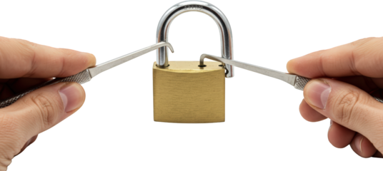 Hands Picking Brass Padlock with Lock Picking Tools Security Concept