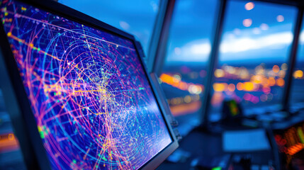 Close-up of air traffic control radar screen with glowing flight paths and aircraft symbols. Aviation safety, airspace monitoring and flight tracking technology concepts.