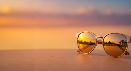 Stylish sunglasses with golden lenses on table against sunset beach view. Summer fashion accessory banner for eyewear promotions, holiday sales and travel campaigns