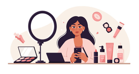 Flat vector of beauty influencer setup with ring light, skincare, makeup palette, and phone, perfect for content creation themes.
