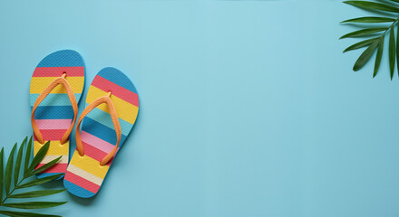Fototapeta premium Colorful striped flip flops with orange straps on blue background with palm leaves. Summer beach accessories with copy space for vacation promotions and seasonal advertisements