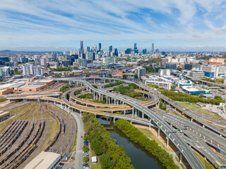 Aerial view of Brisbane city and highway traffic