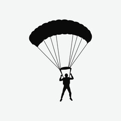 Skydiver Silhouette with Parachute in Mid-Air – Vector Adventure Scene with Clouds and Airplane on White Background